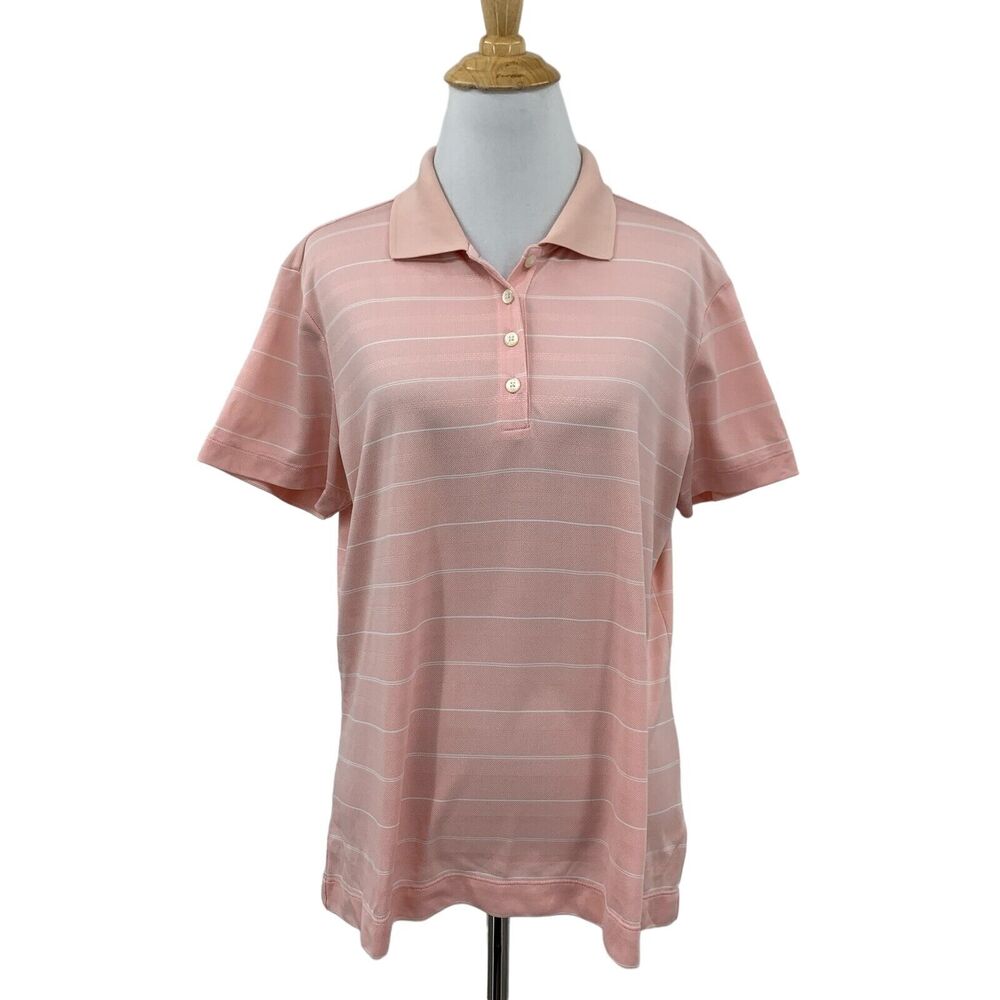 Nike Golf Shirt Womens L Large Pink DriFit Striped Short Sleeve Performance Polo